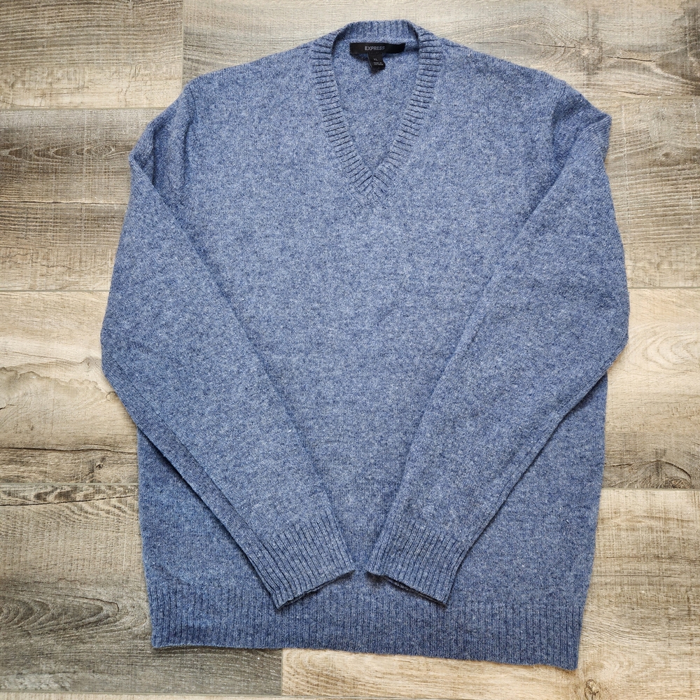 Express V-Neck Sweater Mens XL Blue‎ Excellent Long Sleeve Ribbed Knit Pullover